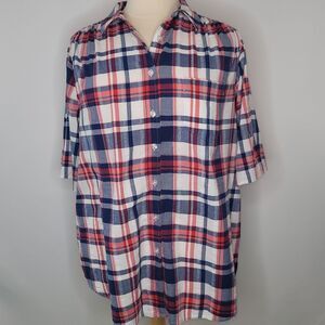 Woman Within Red, White  & Blue Plaid Button Down Short Sleeve Top